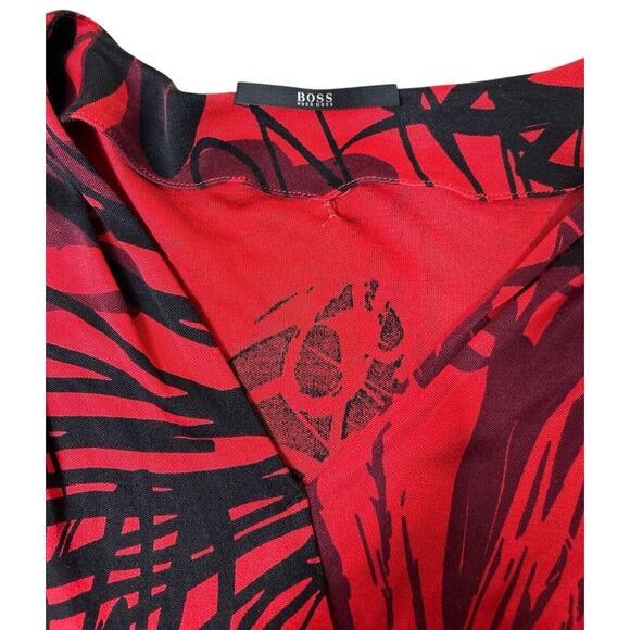HUGO BOSS Red Black Print Knit Dress Sz Small Long-Sleeve Faux Wrap Knee Length - Picture 3 of 7